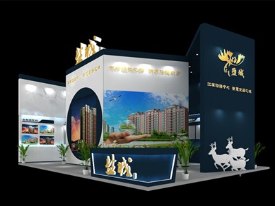 18平米展臺(tái)設(shè)計(jì)制作：二面開口/現(xiàn)代/木質(zhì)結(jié)構(gòu)/藍(lán)色，為房產(chǎn)展展商而作（免費(fèi)使用）
