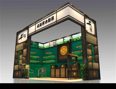 18平米展臺(tái)設(shè)計(jì)制作：二面開口/田園/木質(zhì)結(jié)構(gòu)/綠色，為茶博會(huì)展商而作（免費(fèi)使用）