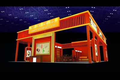 180平米展臺(tái)設(shè)計(jì)制作：四面開(kāi)口/中式/木質(zhì)結(jié)構(gòu)/紅色，為茶博會(huì)展商而作（免費(fèi)使用）