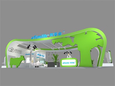 120平米展臺設計制作：二面開口/現(xiàn)代/木質結構/綠色，為食品展展商而作（免費使用）