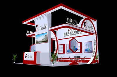 36平米展臺設(shè)計制作：三面開口/現(xiàn)代/木質(zhì)結(jié)構(gòu)/紅色，為化工展展商而作（免費使用）