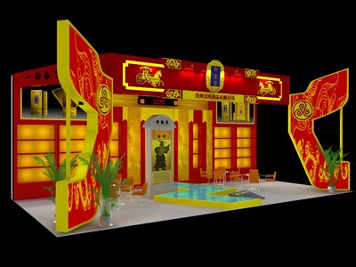 72平米展臺(tái)設(shè)計(jì)制作：三面開口/中式/木質(zhì)結(jié)構(gòu)/紅色，為糖酒展展商而作（免費(fèi)使用）