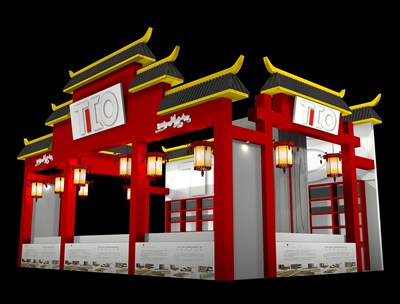 54平米展臺設(shè)計(jì)制作：二面開口/中式/木質(zhì)結(jié)構(gòu)/紅色，為糖酒展展商而作（免費(fèi)使用）