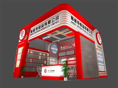 36平米展臺設(shè)計制作：一面開口/現(xiàn)代/木質(zhì)結(jié)構(gòu)/紅色，為食品展展商而作（免費使用）