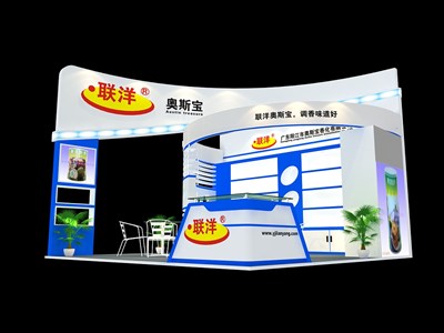 36平米展臺(tái)設(shè)計(jì)制作：三面開(kāi)口/現(xiàn)代/木質(zhì)結(jié)構(gòu)/藍(lán)色，為食品展展商而作（免費(fèi)使用）