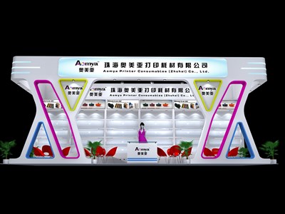 44平米展臺(tái)設(shè)計(jì)制作：三面開口/現(xiàn)代/木質(zhì)結(jié)構(gòu)/白色，為廣告展展商而作（免費(fèi)使用）