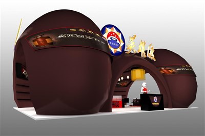 108平米展臺設計制作：三面開口/現代/木質結構/咖啡色，為游戲展展商而作（免費使用）