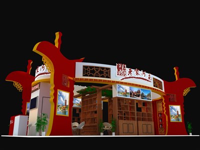 72平米展臺設(shè)計制作：四面開口/中式/木質(zhì)結(jié)構(gòu)/紅色，為旅游展展商而作（免費使用）