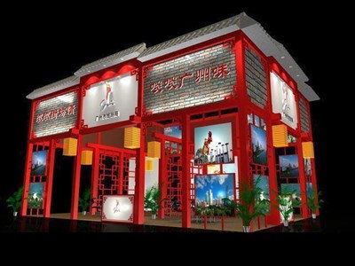 108平米展臺設(shè)計制作：三面開口/中式/木質(zhì)結(jié)構(gòu)/紅色，為旅游展展商而作（免費使用）