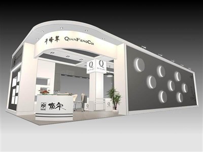 90平米展臺設(shè)計(jì)制作：二面開口/現(xiàn)代/木質(zhì)結(jié)構(gòu)/灰色，為工藝品展展商而作（免費(fèi)使用）