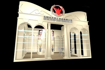 36平米展臺(tái)設(shè)計(jì)制作：二面開(kāi)口/歐式/木質(zhì)結(jié)構(gòu)/米色，為工藝品展展商而作（免費(fèi)使用）