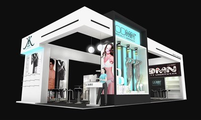 72平米展臺設(shè)計制作：三面開口/現(xiàn)代/木質(zhì)結(jié)構(gòu)/白色，為服裝展展商而作（免費使用）
