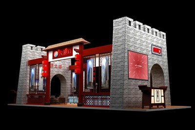 90平米展臺設(shè)計制作：四面開口/中式/木質(zhì)結(jié)構(gòu)/灰色，為旅游展展商而作（免費使用）