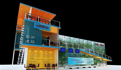132平米展臺設(shè)計制作：三面開口/現(xiàn)代/雙層結(jié)構(gòu)/綠色，為綜合展展商而作（免費使用）