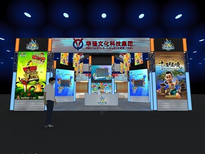 216平米展臺(tái)設(shè)計(jì)制作：三面開(kāi)口/現(xiàn)代/桁架結(jié)構(gòu)/藍(lán)色，為游戲展展商而作（免費(fèi)使用）