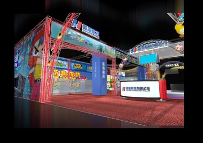 289平米展臺設計制作：三面開口/現代/木質結構/藍色，為游戲展展商而作（免費使用）