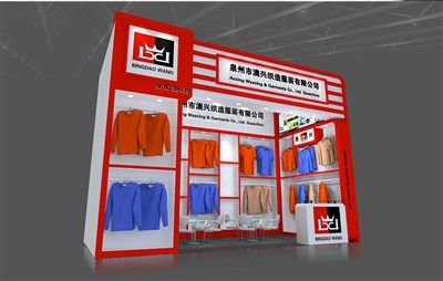 18平米展臺設(shè)計制作：一面開口/現(xiàn)代/木質(zhì)結(jié)構(gòu)/紅色，為服裝展展商而作（免費使用）