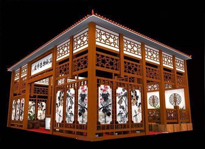 75平米展臺(tái)設(shè)計(jì)制作：三面開(kāi)口/中式/木質(zhì)結(jié)構(gòu)/咖啡色，為工藝品展展商而作（免費(fèi)使用）