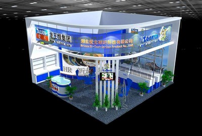 49平米展臺設計制作：二面開口/現(xiàn)代/木質結構/藍色，為釣具展展商而作（免費使用）