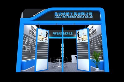 36平米展臺設(shè)計制作：二面開口/現(xiàn)代/木質(zhì)結(jié)構(gòu)/藍(lán)色，為工具展展商而作（免費使用）