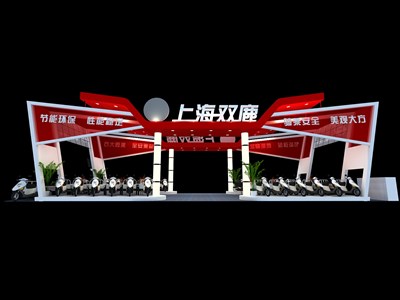 90平米展臺(tái)設(shè)計(jì)制作：二面開(kāi)口/現(xiàn)代/木質(zhì)結(jié)構(gòu)/紅色，為單/摩托車展商而作（免費(fèi)使用）