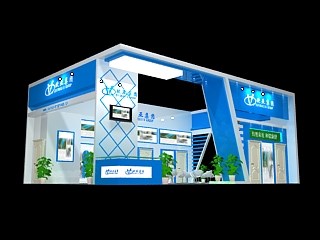 96平米展臺設(shè)計制作：三面開口/現(xiàn)代/木質(zhì)結(jié)構(gòu)/藍(lán)色，為建材展展商而作（免費使用）