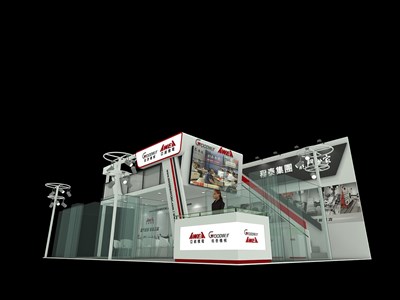 96平米展臺(tái)設(shè)計(jì)制作：二面開口/現(xiàn)代/木質(zhì)結(jié)構(gòu)/灰色，為機(jī)械展展商而作（免費(fèi)使用）