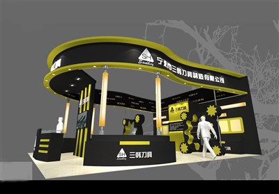 90平米展臺設(shè)計(jì)制作：三面開口/現(xiàn)代/木質(zhì)結(jié)構(gòu)/黑色，為工具展展商而作（免費(fèi)使用）