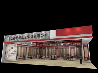 225平米展臺設(shè)計制作：三面開口/現(xiàn)代/木質(zhì)結(jié)構(gòu)/紅色，為建材展展商而作（免費(fèi)使用）