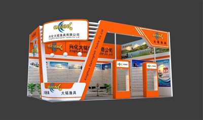 54平米展臺設計制作：二面開口/現(xiàn)代/木質結構/橙色，為釣具展展商而作（免費使用）