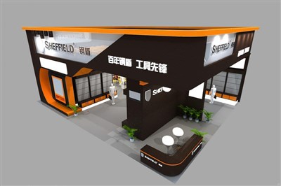 120平米展臺設(shè)計制作：二面開口/現(xiàn)代/木質(zhì)結(jié)構(gòu)/黑色，為工具展展商而作（免費使用）