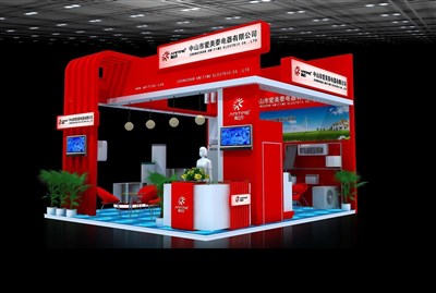 42平米展臺(tái)設(shè)計(jì)制作：三面開口/現(xiàn)代/木質(zhì)結(jié)構(gòu)/紅色，為家電展展商而作（免費(fèi)使用）