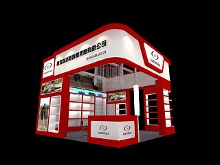 36平米展臺設計制作：三面開口/現(xiàn)代/木質(zhì)結構/紅色，為鞋箱包展展商而作（免費使用）