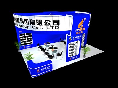 54平米展臺(tái)設(shè)計(jì)制作：三面開(kāi)口/現(xiàn)代/木質(zhì)結(jié)構(gòu)/藍(lán)色，為鞋箱包展展商而作（免費(fèi)使用）