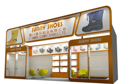 27平米展臺(tái)設(shè)計(jì)制作：一面開口/現(xiàn)代/木質(zhì)結(jié)構(gòu)/橙色，為鞋箱包展展商而作（免費(fèi)使用）