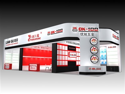90平米展臺(tái)設(shè)計(jì)制作：二面開口/現(xiàn)代/木質(zhì)結(jié)構(gòu)/白色，為五金展展商而作（免費(fèi)使用）