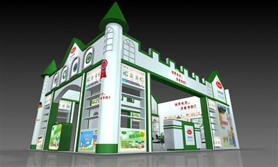 54平米展臺(tái)設(shè)計(jì)制作：三面開口/歐式/木質(zhì)結(jié)構(gòu)/綠色，為玩具展展商而作（免費(fèi)使用）