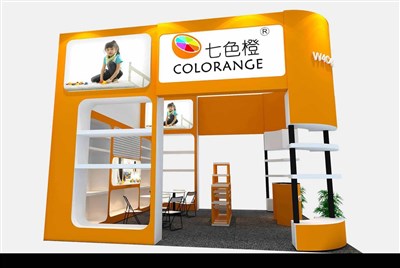 36平米展臺設(shè)計制作：三面開口/現(xiàn)代/木質(zhì)結(jié)構(gòu)/橙色，為玩具展展商而作（免費使用）
