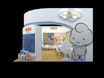 54平米展臺設(shè)計(jì)制作：二面開口/卡通/木質(zhì)結(jié)構(gòu)/紫色，為嬰幼展展商而作（免費(fèi)使用）