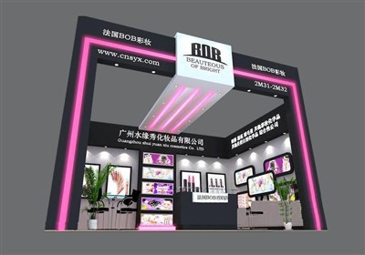24平米展臺(tái)設(shè)計(jì)制作：一面開口/現(xiàn)代/木質(zhì)結(jié)構(gòu)/粉色，為美博會(huì)展商而作（免費(fèi)使用）