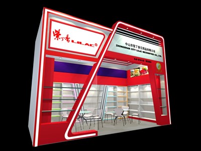 18平米展臺(tái)設(shè)計(jì)制作：一面開口/現(xiàn)代/木質(zhì)結(jié)構(gòu)/紅色，為日用品展展商而作（免費(fèi)使用）