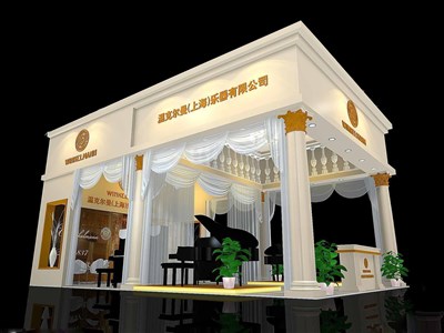 54平米展臺設(shè)計(jì)制作：三面開口/歐式/木質(zhì)結(jié)構(gòu)/米色，為樂器展展商而作（免費(fèi)使用）