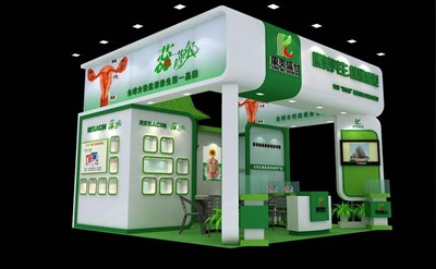 36平米展臺(tái)設(shè)計(jì)制作：三面開口/現(xiàn)代/木質(zhì)結(jié)構(gòu)/綠色，為美博會(huì)展商而作（免費(fèi)使用）