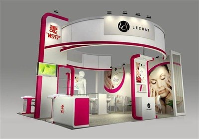 36平米展臺(tái)設(shè)計(jì)制作：三面開口/現(xiàn)代/木質(zhì)結(jié)構(gòu)/粉色，為美博會(huì)展商而作（免費(fèi)使用）