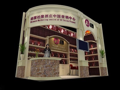 18平米展臺設(shè)計制作：二面開口/歐式/木質(zhì)結(jié)構(gòu)/米色，為糖酒展展商而作（免費使用）