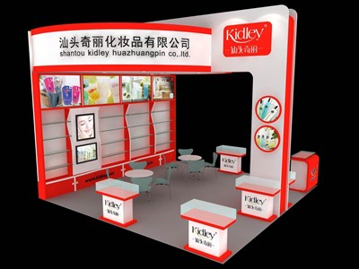 36平米展臺設(shè)計制作：三面開口/現(xiàn)代/木質(zhì)結(jié)構(gòu)/紅色，為美博會展商而作（免費使用）