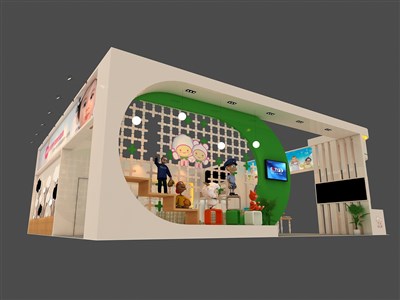 144平米展臺設(shè)計制作：四面開口/現(xiàn)代/木質(zhì)結(jié)構(gòu)/米色，為嬰幼展展商而作（免費使用）