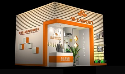 36平米展臺(tái)設(shè)計(jì)制作：一面開口/現(xiàn)代/木質(zhì)結(jié)構(gòu)/橙色，為美博會(huì)展商而作（免費(fèi)使用）