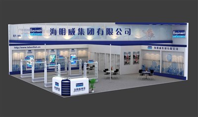 144平米展臺設計制作：二面開口/現(xiàn)代/木質結構/藍色，為釣具展展商而作（免費使用）