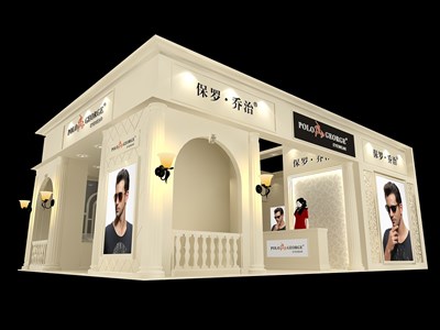 54平米展臺設(shè)計(jì)制作：三面開口/歐式/木質(zhì)結(jié)構(gòu)/米色，為眼鏡展展商而作（免費(fèi)使用）